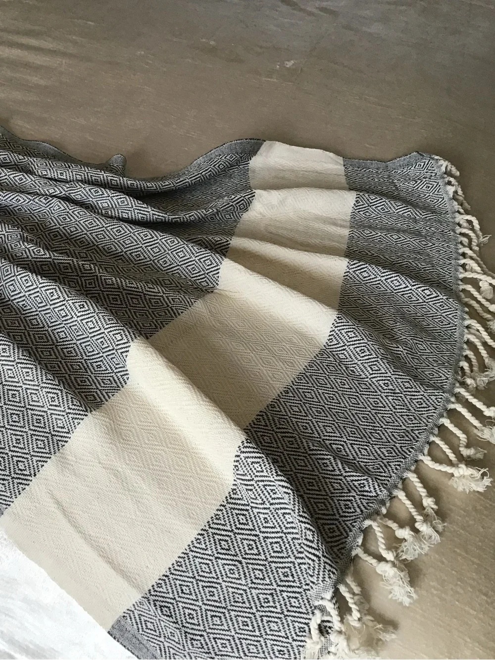 Cream and Black Geometric Fringe Towel